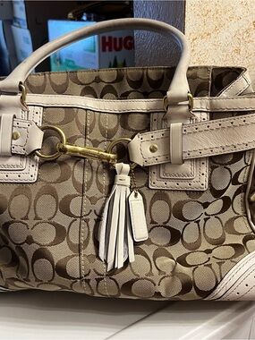 Coach Beige Signature Canvas Tote with White Leather Trim